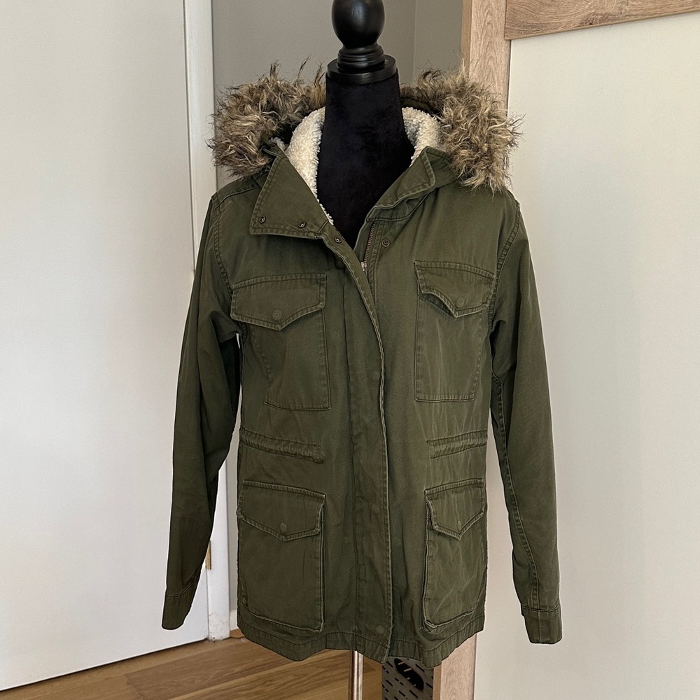 Uniqlo Olive Green Parka with Faux Fur Hood